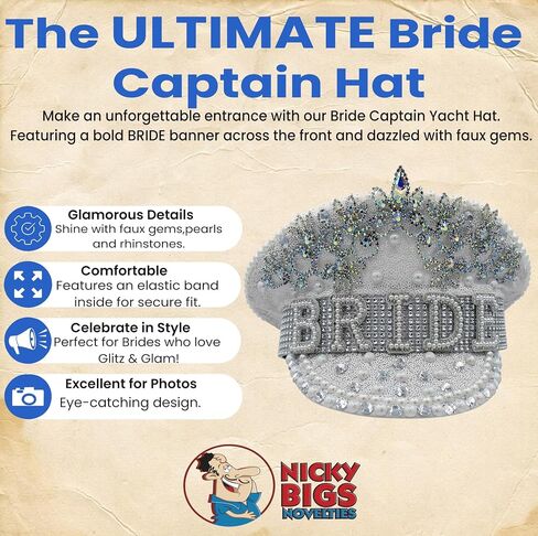 Nicky Bigs Novelties Bride to Be Sequin Captain Hat White Bachelorette Party Hat with Veil, Wedding Accessories, Glitter Nautical Sailor Cap for Bridal Shower, Beach, Disco Theme, Honeymoon Outfit in Saudi Arabia