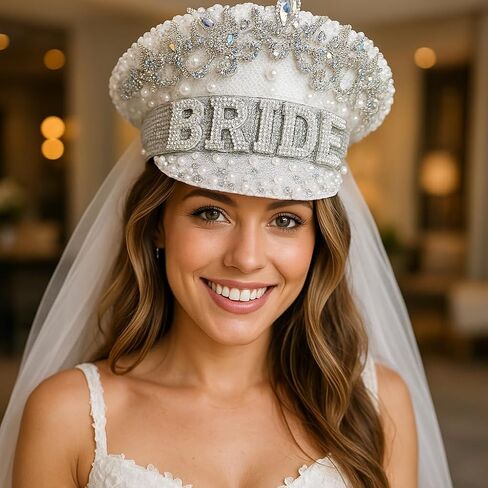 Nicky Bigs Novelties Bride to Be Sequin Captain Hat White Bachelorette Party Hat with Veil, Wedding Accessories, Glitter Nautical Sailor Cap for Bridal Shower, Beach, Disco Theme, Honeymoon Outfit in Saudi Arabia