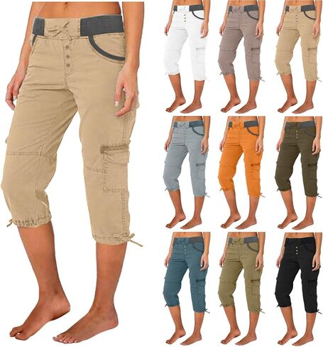 Cargo Capris for Women Stretchy Drawstring Cotton Capri Pants Multi Pockets Lightweight Mid Rise Cropped Trouser in Kuwait