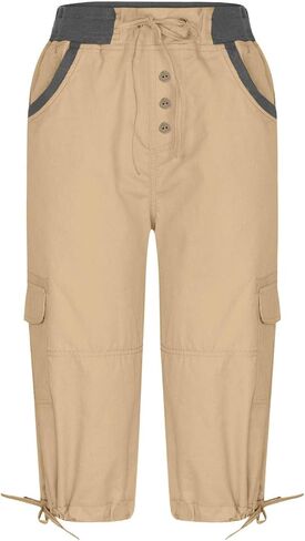 Cargo Capris for Women Stretchy Drawstring Cotton Capri Pants Multi Pockets Lightweight Mid Rise Cropped Trouser in Kuwait