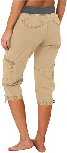 Cargo Capris for Women Stretchy Drawstring Cotton Capri Pants Multi Pockets Lightweight Mid Rise Cropped Trouser in Kuwait