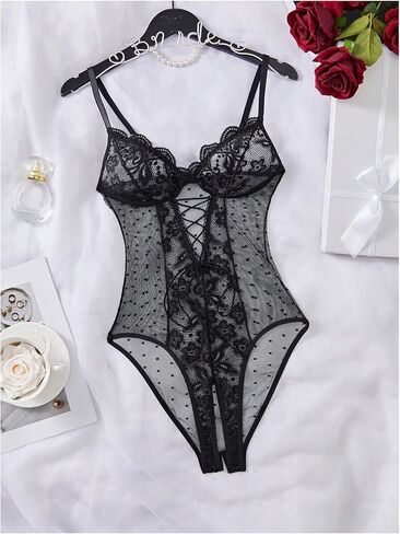 OYOANGLE Women's Plus Size Lace Sheer Teddy Bodysuit Cut Out Crotchless Lingerie One Piece Babydoll in Saudi Arabia