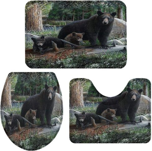 3 Pieces Bathroom Rug Set Rustic Black Family Bears & Cubs 20x32in Non-Slip Absorbent Rug 16x20in U-Shape Contoured Toilet Mat Wild Animal Forest 16x18in Toilet Lid Cover, Large in Saudi Arabia
