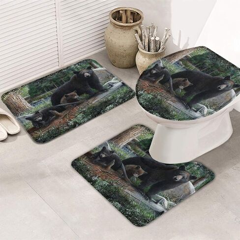 3 Pieces Bathroom Rug Set Rustic Black Family Bears & Cubs 20x32in Non-Slip Absorbent Rug 16x20in U-Shape Contoured Toilet Mat Wild Animal Forest 16x18in Toilet Lid Cover, Large in Saudi Arabia