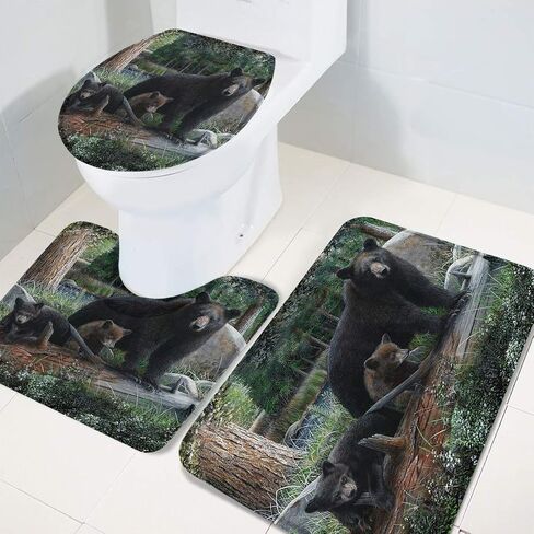 3 Pieces Bathroom Rug Set Rustic Black Family Bears & Cubs 20x32in Non-Slip Absorbent Rug 16x20in U-Shape Contoured Toilet Mat Wild Animal Forest 16x18in Toilet Lid Cover, Large in Saudi Arabia