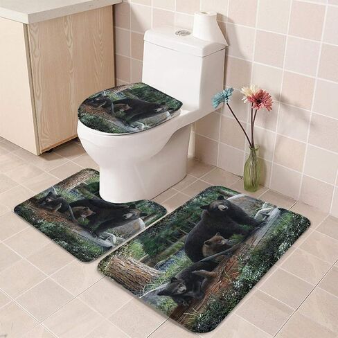 3 Pieces Bathroom Rug Set Rustic Black Family Bears & Cubs 20x32in Non-Slip Absorbent Rug 16x20in U-Shape Contoured Toilet Mat Wild Animal Forest 16x18in Toilet Lid Cover, Large in Saudi Arabia