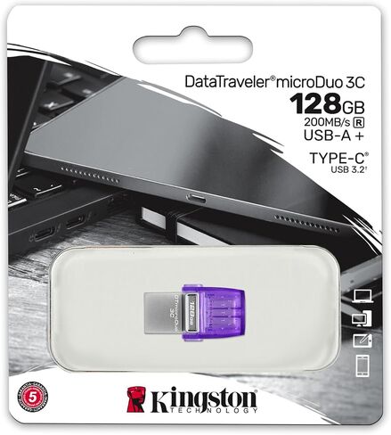 محرك أقراص فلاش Kingston DataTraveler microDuo 3C سعة 64 جيجابايت USB-C وUSB-A | سرعات تصل إلى 200 ميجابايت/ثانية | يو اس بي 3.2 الجيل الأول | موصل الثنائي | DTDUO3CG3/64 جيجابايت، أرجواني/فضي in Saudi Arabia