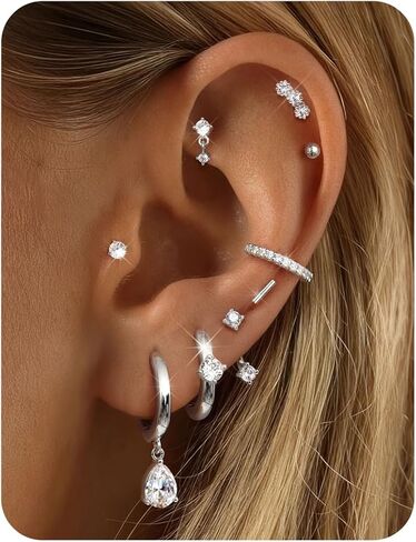 Fibo Steel Small Stud Hoop أقراط للنساء - 9 أزواج من أقراط غضروف مطلي بالذهب 14K للنساء للنساء المداخن عوامل الظهر المسطحة اللطيفة. in Saudi Arabia