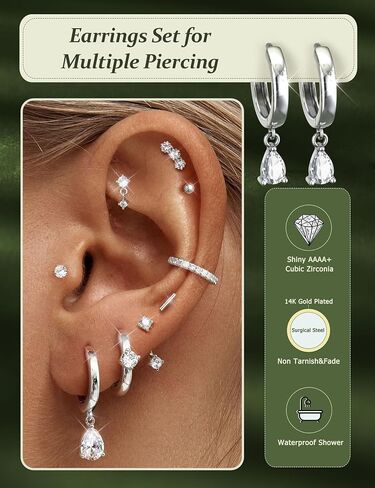 Fibo Steel Small Stud Hoop أقراط للنساء - 9 أزواج من أقراط غضروف مطلي بالذهب 14K للنساء للنساء المداخن عوامل الظهر المسطحة اللطيفة. in Saudi Arabia