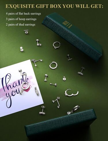 Fibo Steel Small Stud Hoop أقراط للنساء - 9 أزواج من أقراط غضروف مطلي بالذهب 14K للنساء للنساء المداخن عوامل الظهر المسطحة اللطيفة. in Saudi Arabia