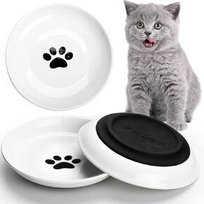 Ceramic Cat Bowls,Wide Shallow Cat Bowl,Shallow Cat Food Dish,Cute Cat Feeding Bowls,with Silicone Non-Slip Mats,Cat Food Dishes for Indoor Cats, Ceramic Cat Bowl Set (3PCS,Black) in Saudi Arabia