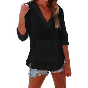 قمصان طويلة الأكمام للنساء غير الرسمي V الكتان العنق T قمصان سحب خفيفة الوزن قفص Sweatshirts شاطئ التستر على الشاطئ in Saudi Arabia