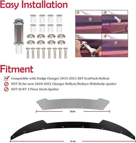 2 Piece Wickerbill Spoiler Compatible with 2015-2024 Dodge Charger, Venom Series V3 Style Fits for SRT Hellcat Scat Pack, Wicker Bill Trunk Tail Deck Lid Wing Lip with RivNut Tool in Saudi Arabia