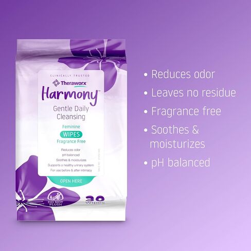 Theraworx Harmony Gentle Daily Cleansing Feminine Wipes, Fragrance Free, Urinary Hygiene – 30 Count in Kuwait
