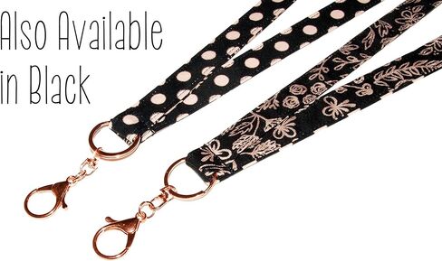 Reversible Lanyard - Rose Gold and Metallic Print - Floral Vines and Dots on Black - Neck Strap - ID Badge Holder - Key Lanyard - 3/4x36 Inch With Swivel Clip - Handmade by Green Acorn Kitchen in Kuwait