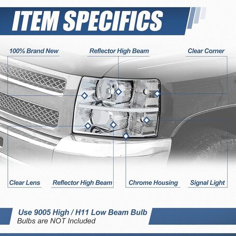 تجميع المصابيح الأمامية للسلالة الهالوجين المتوافقة مع Chevy Silverado 1500 2500HD 3500 GMT900 2007 2008 2008 2010 2011 2013 2014 ، Driver and Passenger Side ، Chrome Housing in Kuwait