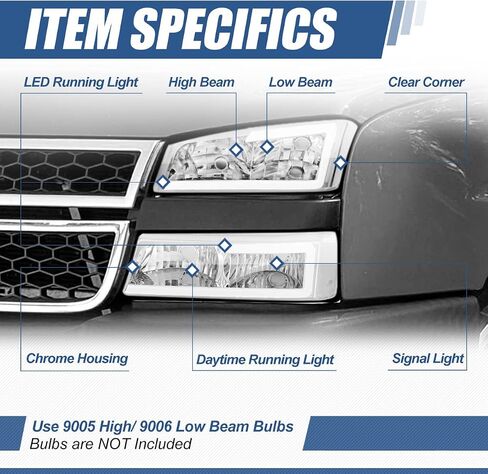 Auto Dynasty 4PCS LED DRL Headlight Lamps Compatible with Chevy Silverado Avalanche 1500 2500 3500 03 04 05 06 / Chevy Silverado Classic Models 07, Driver and Passenger Side, Chrome Housing Clear Lens in Kuwait