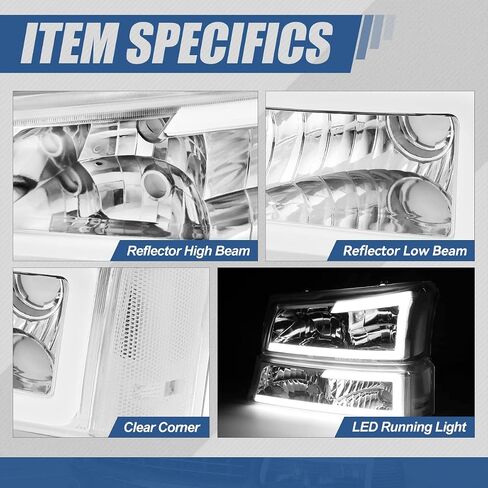 Auto Dynasty 4PCS LED DRL Headlight Lamps Compatible with Chevy Silverado Avalanche 1500 2500 3500 03 04 05 06 / Chevy Silverado Classic Models 07, Driver and Passenger Side, Chrome Housing Clear Lens in Kuwait