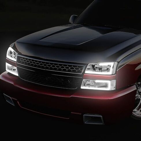 Auto Dynasty 4PCS LED DRL Headlight Lamps Compatible with Chevy Silverado Avalanche 1500 2500 3500 03 04 05 06 / Chevy Silverado Classic Models 07, Driver and Passenger Side, Chrome Housing Clear Lens in Kuwait