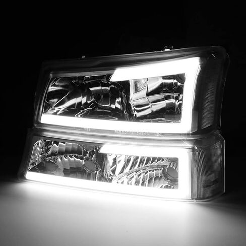Auto Dynasty 4PCS LED DRL Headlight Lamps Compatible with Chevy Silverado Avalanche 1500 2500 3500 03 04 05 06 / Chevy Silverado Classic Models 07, Driver and Passenger Side, Chrome Housing Clear Lens in Kuwait