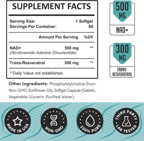 Liposomal NAD+ 800 mg with Trans-Resveratrol 300 mg, Max Absorption, Actual NAD+ Boosting Supplement for Healthy Aging, Cellular Energy, DNA Repair, Longevity - 120 Softgels in Saudi Arabia
