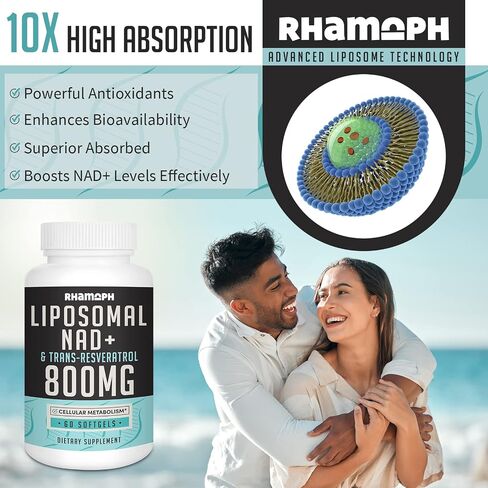 Liposomal NAD+ 800 mg with Trans-Resveratrol 300 mg, Max Absorption, Actual NAD+ Boosting Supplement for Healthy Aging, Cellular Energy, DNA Repair, Longevity - 120 Softgels in Saudi Arabia