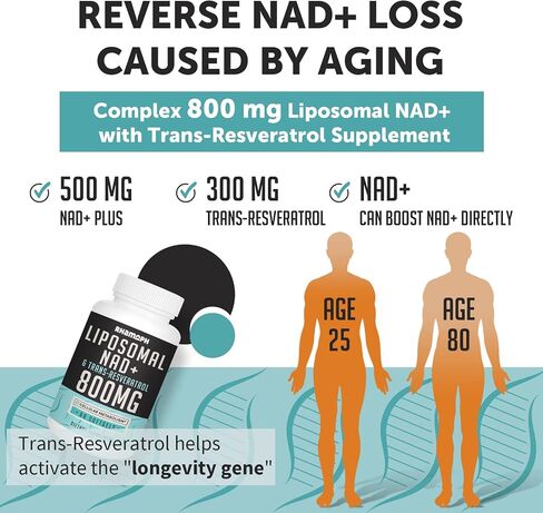 Liposomal NAD+ 800 mg with Trans-Resveratrol 300 mg, Max Absorption, Actual NAD+ Boosting Supplement for Healthy Aging, Cellular Energy, DNA Repair, Longevity - 120 Softgels in Saudi Arabia