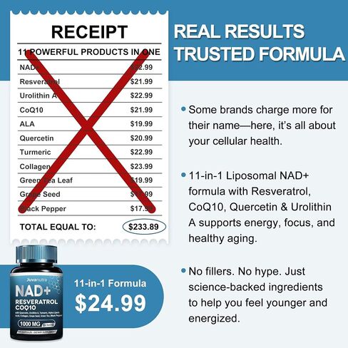 11-in-1 NAD Resveratrol Supplement - Liposomal with CoQ10, Urolithin A, ALA & Turmeric - Supports Anti-Aging, Cell Regeneration, Energy & Focus NAD Supplement for Women & Men - 60 Capsules in Saudi Arabia