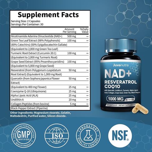11-in-1 NAD Resveratrol Supplement - Liposomal with CoQ10, Urolithin A, ALA & Turmeric - Supports Anti-Aging, Cell Regeneration, Energy & Focus NAD Supplement for Women & Men - 60 Capsules in Saudi Arabia