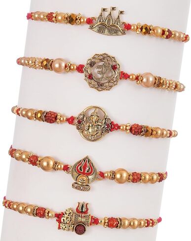 أشرطة مربوطة Rakhi لمجموعة الأخ 5 | Rakhi ل Bhaiya | بطاقة تحية صغيرة | Roli Packet - Raksha Bandhan Bracelet for Brother | مجموعة بهاي راخي in Saudi Arabia