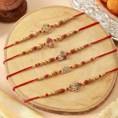 أشرطة مربوطة Rakhi لمجموعة الأخ 5 | Rakhi ل Bhaiya | بطاقة تحية صغيرة | Roli Packet - Raksha Bandhan Bracelet for Brother | مجموعة بهاي راخي in Saudi Arabia