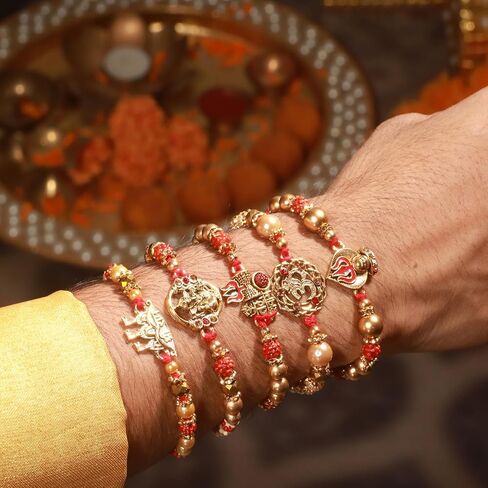 أشرطة مربوطة Rakhi لمجموعة الأخ 5 | Rakhi ل Bhaiya | بطاقة تحية صغيرة | Roli Packet - Raksha Bandhan Bracelet for Brother | مجموعة بهاي راخي in Saudi Arabia