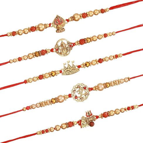 أشرطة مربوطة Rakhi لمجموعة الأخ 5 | Rakhi ل Bhaiya | بطاقة تحية صغيرة | Roli Packet - Raksha Bandhan Bracelet for Brother | مجموعة بهاي راخي in Saudi Arabia