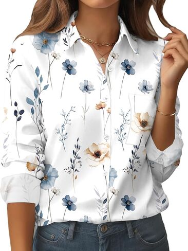 Zeagoo Womens Button Down Shirt Long Sleeve Blouse Business Work Tops Dressy Casual Floral Printed Outfits with Pocket in Saudi Arabia