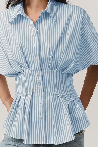 Missactiver مخطط زر أسفل القمصان للمرأة قصيرة الأكمام مطوية مشد بلوزة غير رسمية الصيف peplum قمم أنيقة in Saudi Arabia