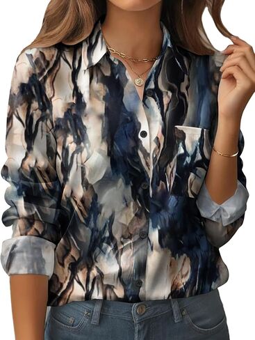 Zeagoo Womens Button Down Shirt Long Sleeve Blouse Business Work Tops Dressy Casual Floral Printed Outfits with Pocket in Saudi Arabia