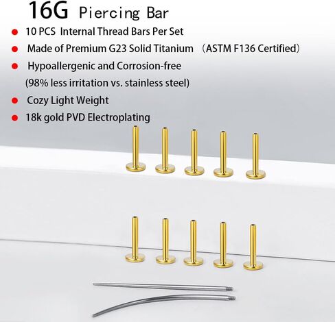 20G/18G/16G Internal Threaded Bar G23 Titanium ASTM F136 Replacement Post, 10 PCS Post and 2 PCS Internal Threaded Piercing Assistant Tools Flat Back Stud Earrings with 6/8mm Bar Length for Nose Helix Cartilage Tragus Conch Lobe Labret Piercing Jewelry in Saudi Arabia