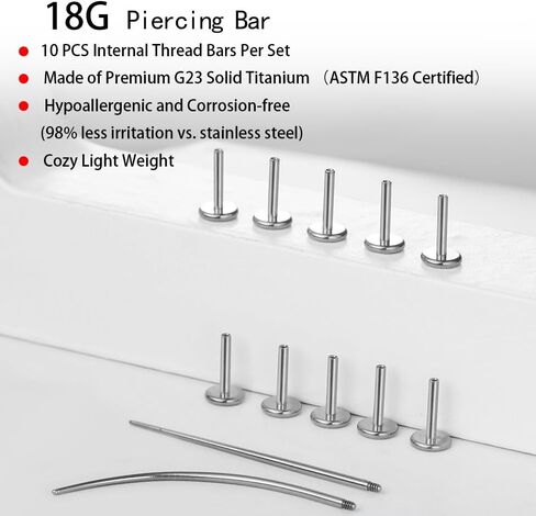 20G/18G/16G Internal Threaded Bar G23 Titanium ASTM F136 Replacement Post, 10 PCS Post and 2 PCS Internal Threaded Piercing Assistant Tools Flat Back Stud Earrings with 6/8mm Bar Length for Nose Helix Cartilage Tragus Conch Lobe Labret Piercing Jewelry in Saudi Arabia