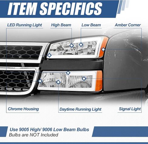 Auto Dynasty 4PCS LED DRL Headlight Lamps Compatible with Chevy Silverado Avalanche 1500 2500 3500 03 04 05 06 / Chevy Silverado Classic Models 07, Driver and Passenger Side, Chrome Housing Clear Lens in Kuwait