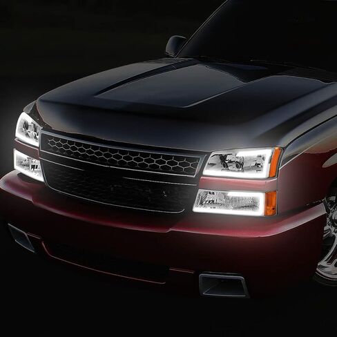 Auto Dynasty 4PCS LED DRL Headlight Lamps Compatible with Chevy Silverado Avalanche 1500 2500 3500 03 04 05 06 / Chevy Silverado Classic Models 07, Driver and Passenger Side, Chrome Housing Clear Lens in Kuwait