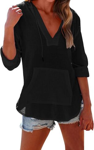 Long Sleeve Shirts for Women Casual V Neck Linen T Shirts Lightweight Pullover Tops Hoodie Sweatshirts Beach Cover Up in Saudi Arabia