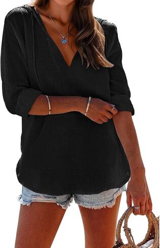 Long Sleeve Shirts for Women Casual V Neck Linen T Shirts Lightweight Pullover Tops Hoodie Sweatshirts Beach Cover Up in Saudi Arabia