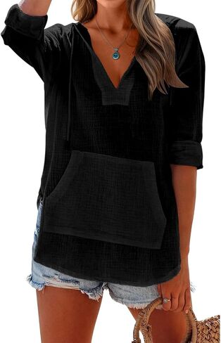 Long Sleeve Shirts for Women Casual V Neck Linen T Shirts Lightweight Pullover Tops Hoodie Sweatshirts Beach Cover Up in Saudi Arabia