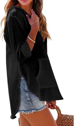 Long Sleeve Shirts for Women Casual V Neck Linen T Shirts Lightweight Pullover Tops Hoodie Sweatshirts Beach Cover Up in Saudi Arabia
