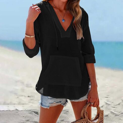 Long Sleeve Shirts for Women Casual V Neck Linen T Shirts Lightweight Pullover Tops Hoodie Sweatshirts Beach Cover Up in Saudi Arabia