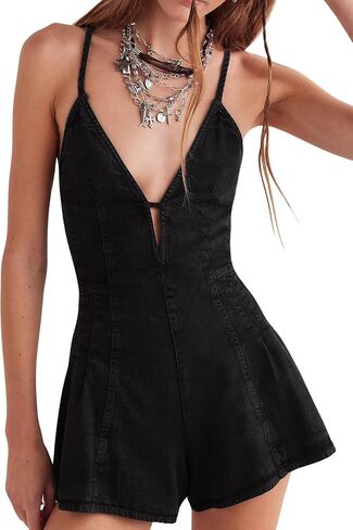 yoeasy Women's Sleeveless Deep V Neck Shorts Denim Romper Spaghetti Strap Tie Backless Ruffle Jean Overalls in Saudi Arabia