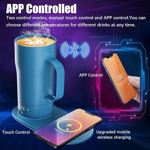 Smart Self Heating Coffee Mug 18 Oz Temperature Control Heated Coffee Mug App Controlled Warmer Mug 5-10 Hour LED Display Keep Coffee Hot All Day Fast Wireless Charger Base Orange in Saudi Arabia