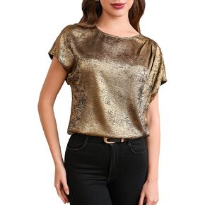 MakeMeChic Women's Elegant Metallic Tops Short Sleeve Round Neck Blouses in Kuwait