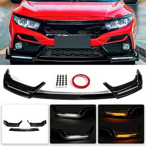 Carbon Fiber Style Front Bumper Lip W/Light Compatible with 2016-2021 Honda Civic Hatchback & Si, Air Dam Spoiler Splitter with LED Daytime Running Lights Fit for 2016 2017 2018 2019 2020 2021 in Kuwait