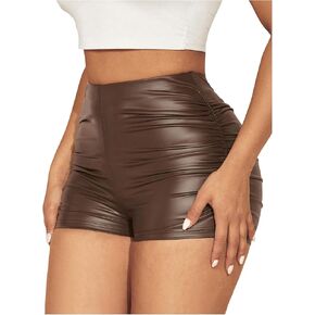 WDIRARA Women's Sexy Faux Leather Skinny High Waisted Shorts Ruched Stretch Short Pants in Saudi Arabia